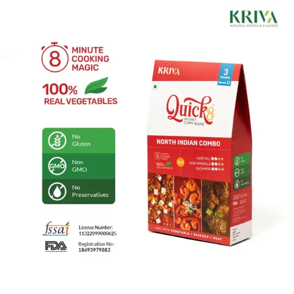 Quick8 North Indian Combo 3-in-1 Chef's Choice Instant Recipe Mix – GMO-Free, Gluten-Free, Preservative-Free with Traditional flavors Spices