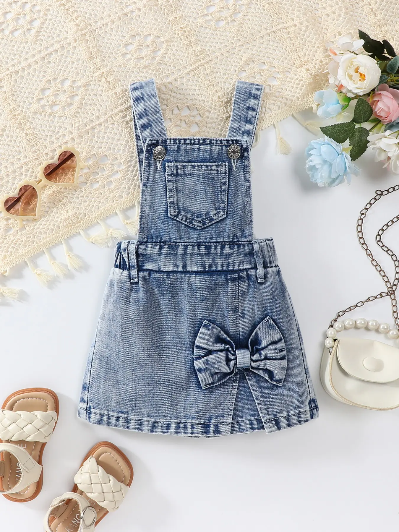 Baby Girl Denim Overalls Skirt Pants Spring Summer New Light Blue Jean Color Sweet Cute College Style Bowknot Decoration Baby Girl Clothes Baby Clothing