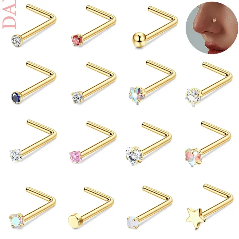 15Pcs 20G Nose Rings Stainless Steel Nose Studs L Shaped Nose Stud Gold Nose Ring Stud CZ Opal Nose Ring Heart Cute L Shape Star Nose Piercing Jewelry Body Jewelry for Women Men