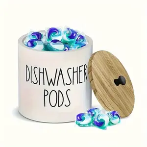 [Wooden Laundry Container] Round Dishwasher Container for Kitchen Decor and Accessories, Wooden Laundry Detergent Container with Lid, Kitchen Storage Container for Laundry Detergent