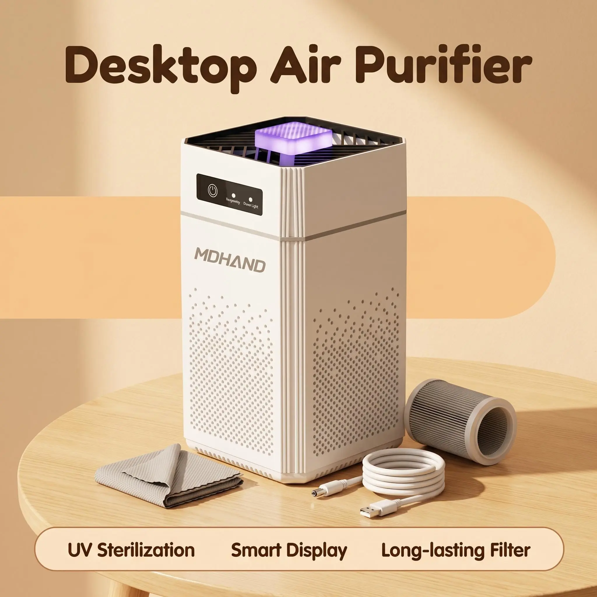MDHAND Desktop Portable Air Purifier for Home & Office, HEPA Filter, UV Sterilization, Smart Touch Control, Quiet Sleep Mode, Extra Replacement Filter, 5V USB Cable, Anti-Allergic, Bedroom Use, Allergy Relief, Dust Free Living, Long-Lasting Performance, U