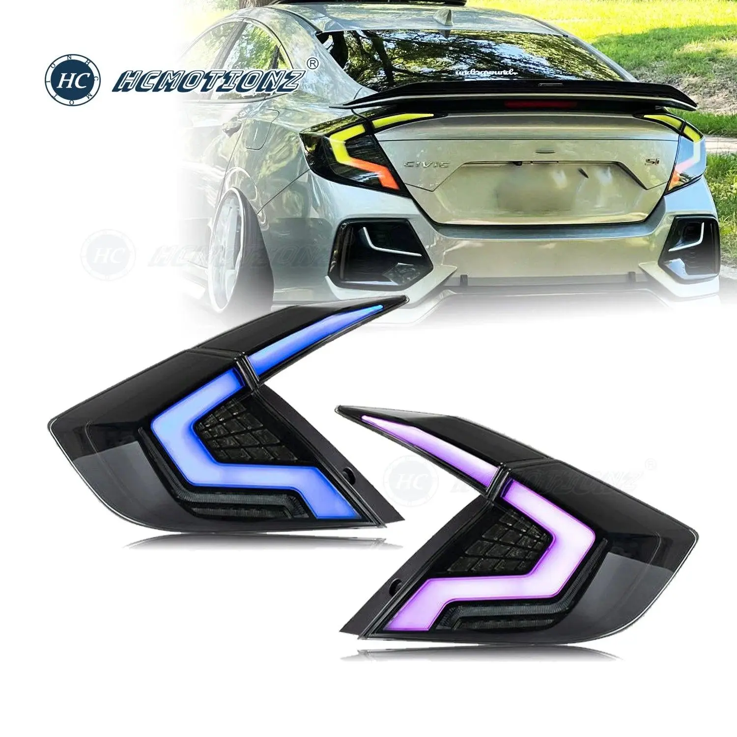 HCMOTIONZ RGB LED Tail Lamp Assembly for 10th Gen Honda Civic 2016-2021, Plug-N-Play Car LED Lights with RGB Control, App-Controlled DRL Brake, Dynamic Startup Animation Sequence, Dot/SAE Weather-Resistant Accessories, Color Changing