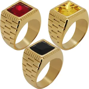 316L Stainless Steel 18k Yellow Gold Plated AAA Cubic Zirconia Birthstone Square Signet Ring