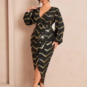 “Plus Size Elegant Wrap Dress  Black & Gold Chevron V-Neck Long Sleeve Boho Chic Outfit | Curvy Confidence for Date Night & Parties” vesti Fabric Formal dresses women elegantoutfits black dress Striped