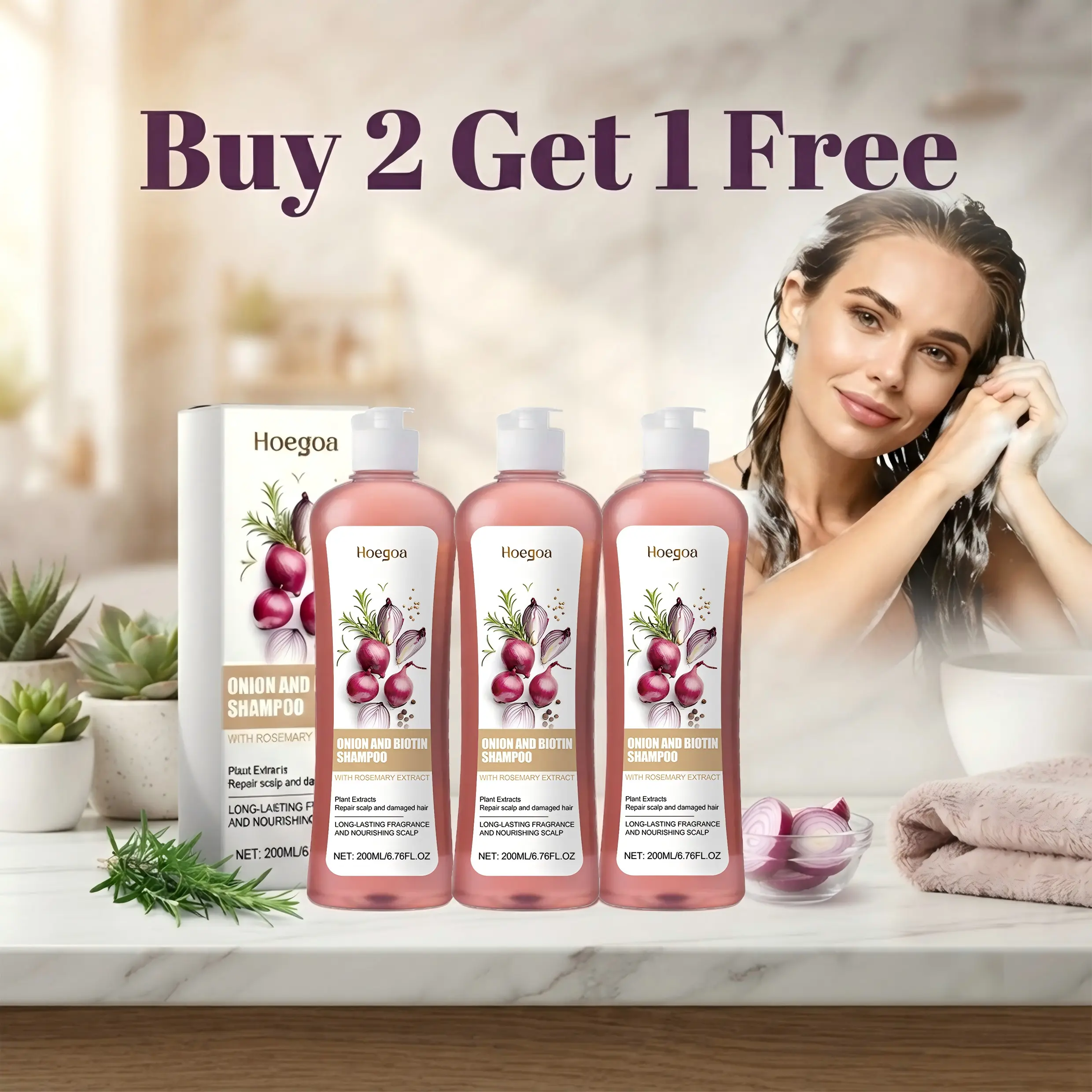 Hoegoa 3 Pack Onion Biotin Rosemary Shampoo Sulfate-Free Hair Growth Booster Shampoo, Strengthen Weak Hair Follicles & Reduce Hair Breakage, Deep Nourish Dry Thinning Damaged Scalp Hair, Boost Thick, Glossy, Radiant Healthy Hair Infused