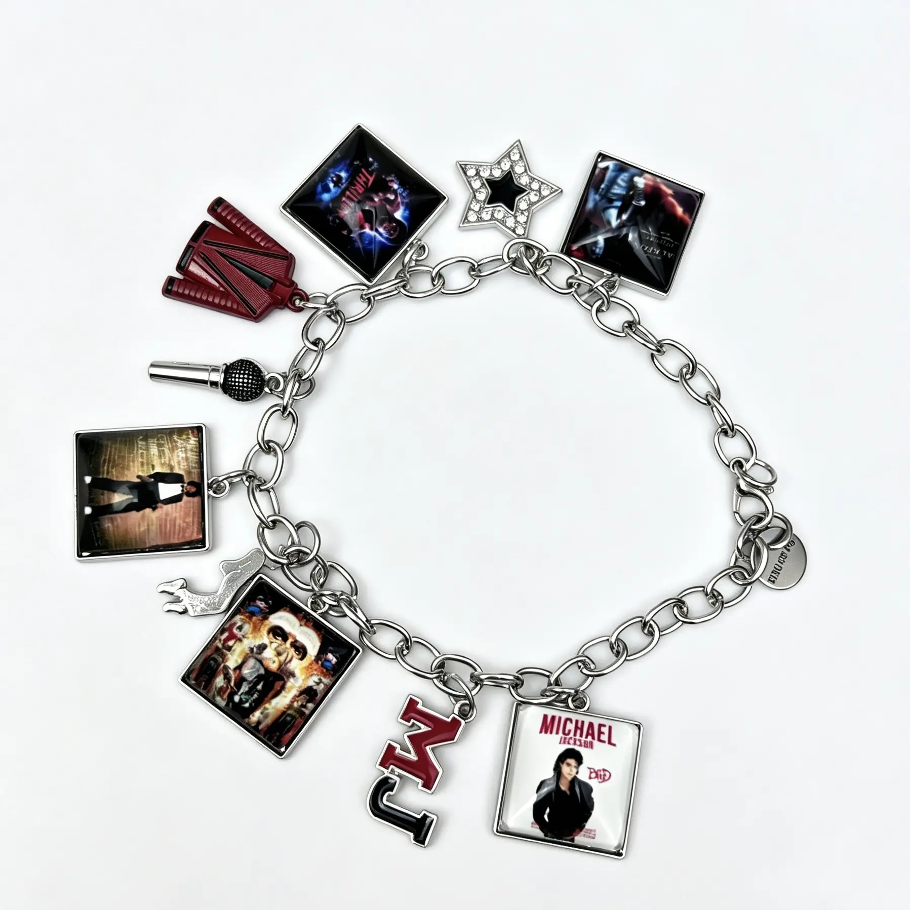 Retro Music Charm Bracelet, Collectible Link Chain Bracelet with Microphone, Jacket & Album-Inspired Charms, Unisex Gift