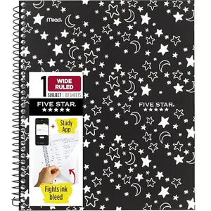 Five Star Spiral Notebook + Study App, 2 Pack, 1 Subject, Wide Ruled, 8" x 10-1/2", 80 Sheets, Fights Ink Bleed, Water Resistant Cover, Pastel Waves and Brush Strokes (930210F-ECM)