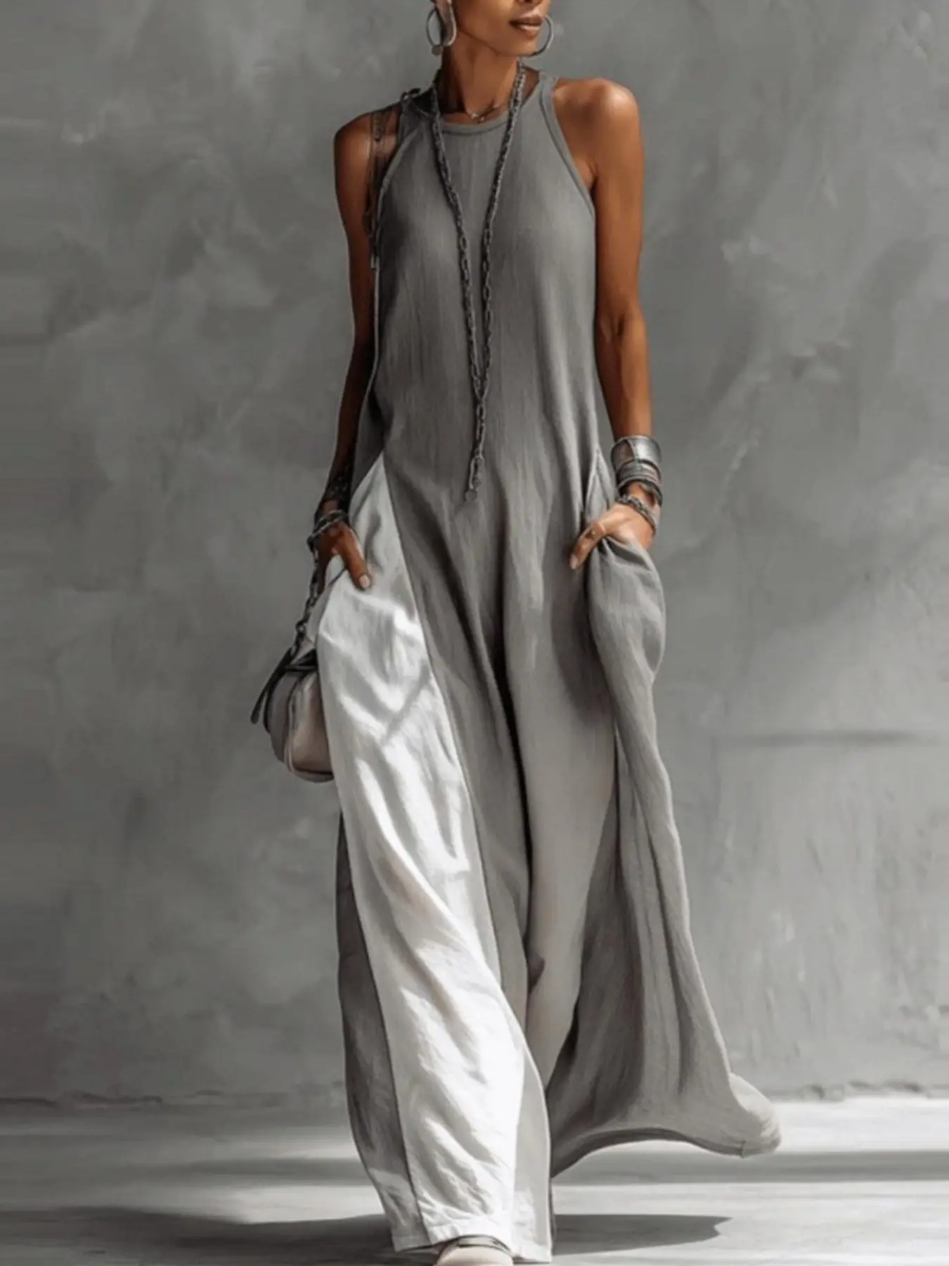Women's Summer Sleeveless Loose Casual Minimalist Elegant Chic Slim-Fit Pocket Color-block Faux Two-piece Off-shoulder Dress