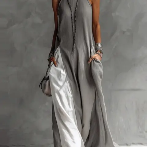 Women's Summer Sleeveless Loose Casual Slim-Fit Pocket Color-block Faux Two-piece Off-shoulder Dress Fashion Dress