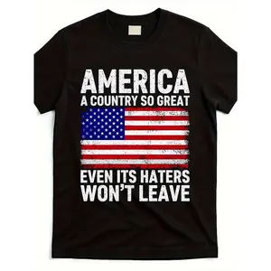 Patriotic America Graphic T-Shirt| Distressed American Flag Design, Black Casual Round Neck Tee for Adults, Machine Washable, Same Style for Men and Women, 2025 Summer Short-Sleeved Printed T-shirt, Pure 220G, All-Season Wear