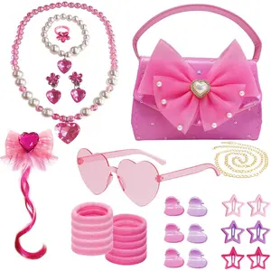 P-AD088   Girls Pink Dress Up Accessories Set with Purse, Necklace, Bracelet, Earrings, Ring, Sunglasses, Hair Clip, Hair Ties and Barrettes, Kids Toddler Costume Role Play Gift Toys for Little Princess