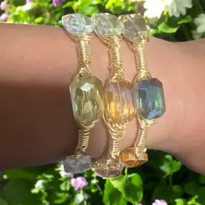 Handmade Colorful Crystal Bangle Set - 2 Piece Brass Wrap with Gold Wire & Assorted Gemstones for Sustainable Style