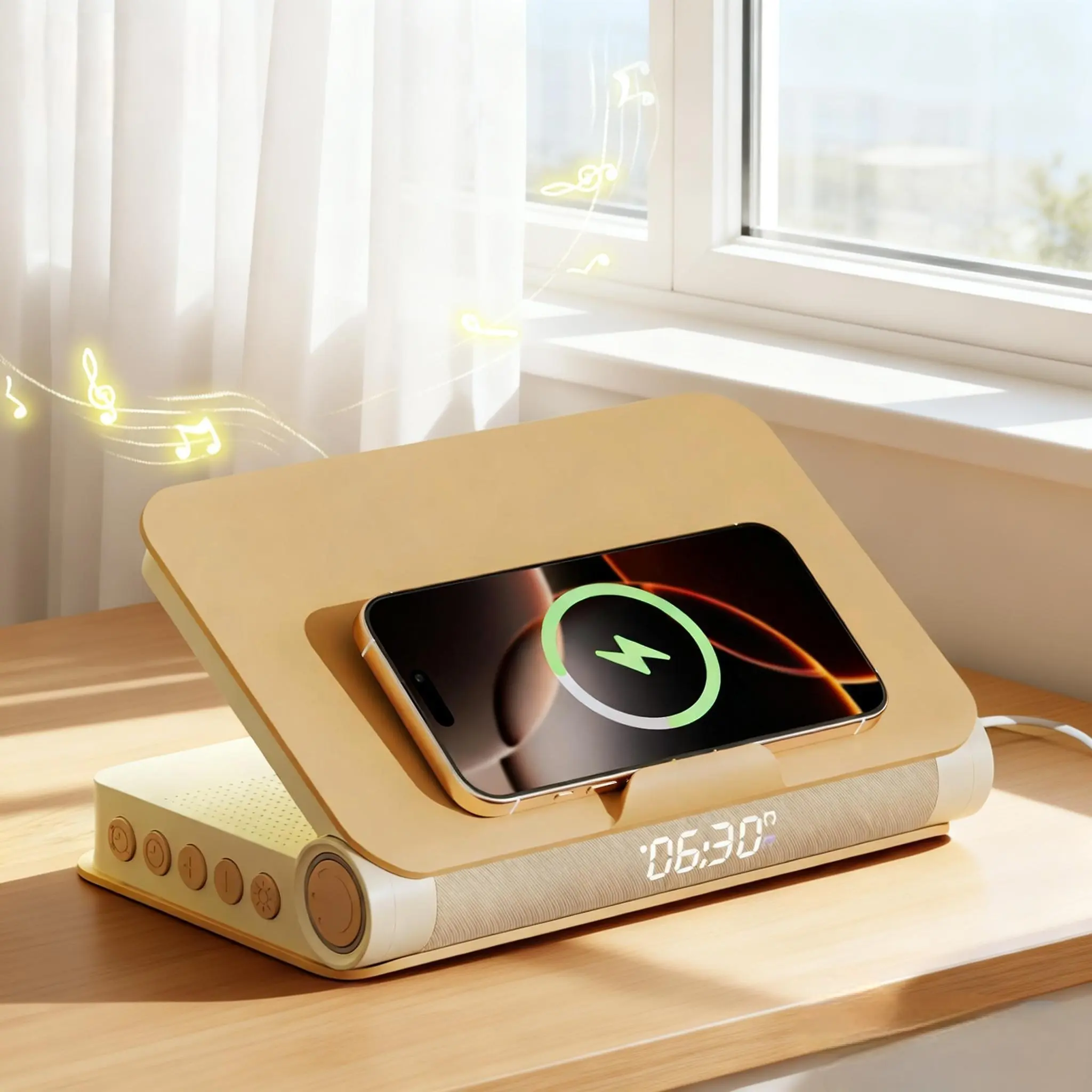 Book-Shaped Sunrise Alarm Clock with Wireless Charger & Bluetooth Speaker – Wake Up Light with Snooze, Dimmable Night Lamp & Digital Display – Perfect Gift for Bedroom, Home Decor & Students