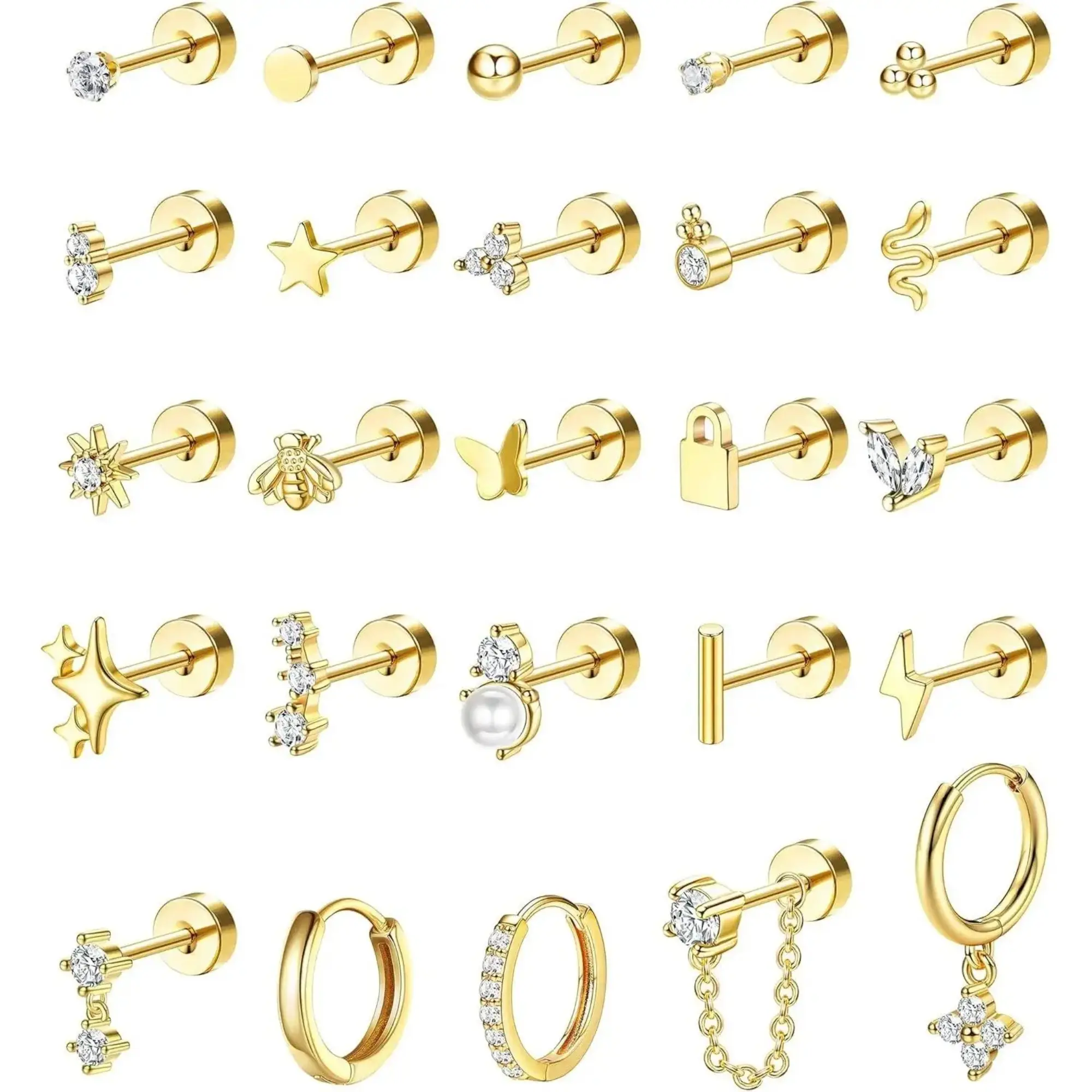 CASSIECA 25Pcs Hypoallergenic Surgical Steel Flat Back Earrings Set for Women - Screw Back Earrings, Ear Studs, Hoops with Gold Detailing, Tarnish Proof Non Tarnish Jewelry for Helix Piercings (Silver, Gold), Tarnish Proof Jewelry