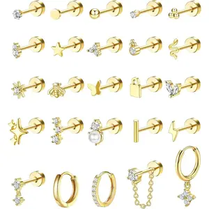 CASSIECA 25Pcs Flat Back Earrings for Women Hypoallergenic Surgical Steel Earrings Stud Hoop Earrings Set Tragus Earrings Helix Cartilage Earrings Silver Gold Conch Daith Tragus Piercing Jewellery