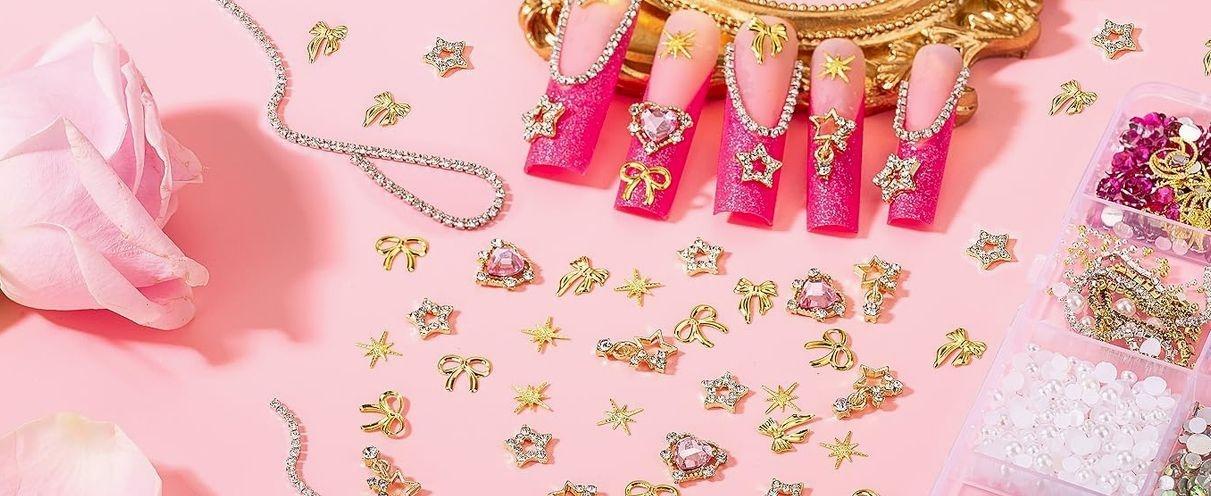 8000pcs 3D Nail Charms and Nail Gems, Cute Nail Rhinestones and Charms Y2K for Nails Nesign, Variety Butterfly Bow Moon Star Flower Junk Case Charms Gold Pearls Nail Jewels for Nail Art Decorations