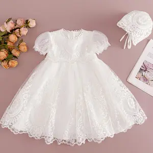 Christening Baptism Dresses for Baby Girls White Flower Toddle Girl Lace Embroidery Birthday Pageant Party Wedding Guest Dress Matching Hat