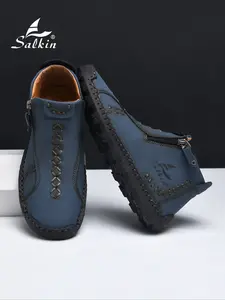 Men's Handmade Vintage Zipper Boots, Casual Fashion Round Toe Short Ankle Boots, All-Season Wearable Outdoor Shoes, Rubber Sole
