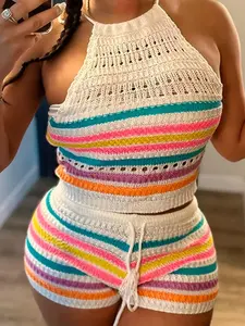 Women's Striped Print Co-ord Set, Casual Halter Neck Crop Top & Drawstring Waist Shorts Set for Summer, Ladies Clothes for Daily Wear