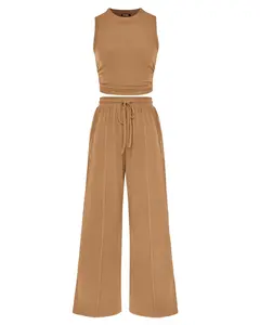 Women's Summer 2-Piece Outfits Ribbed Knit Crew Neck Sleeveless Cropped Top & Wide Leg Pants Lounge Set for Womenswear Clothes