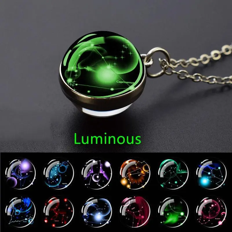 Glow-in-the-Dark Zodiac Pendant Necklace - Starry Sky Glass Ball with Luminous Constellation Design, Fashionable Zinc Alloy Jewelry for Men