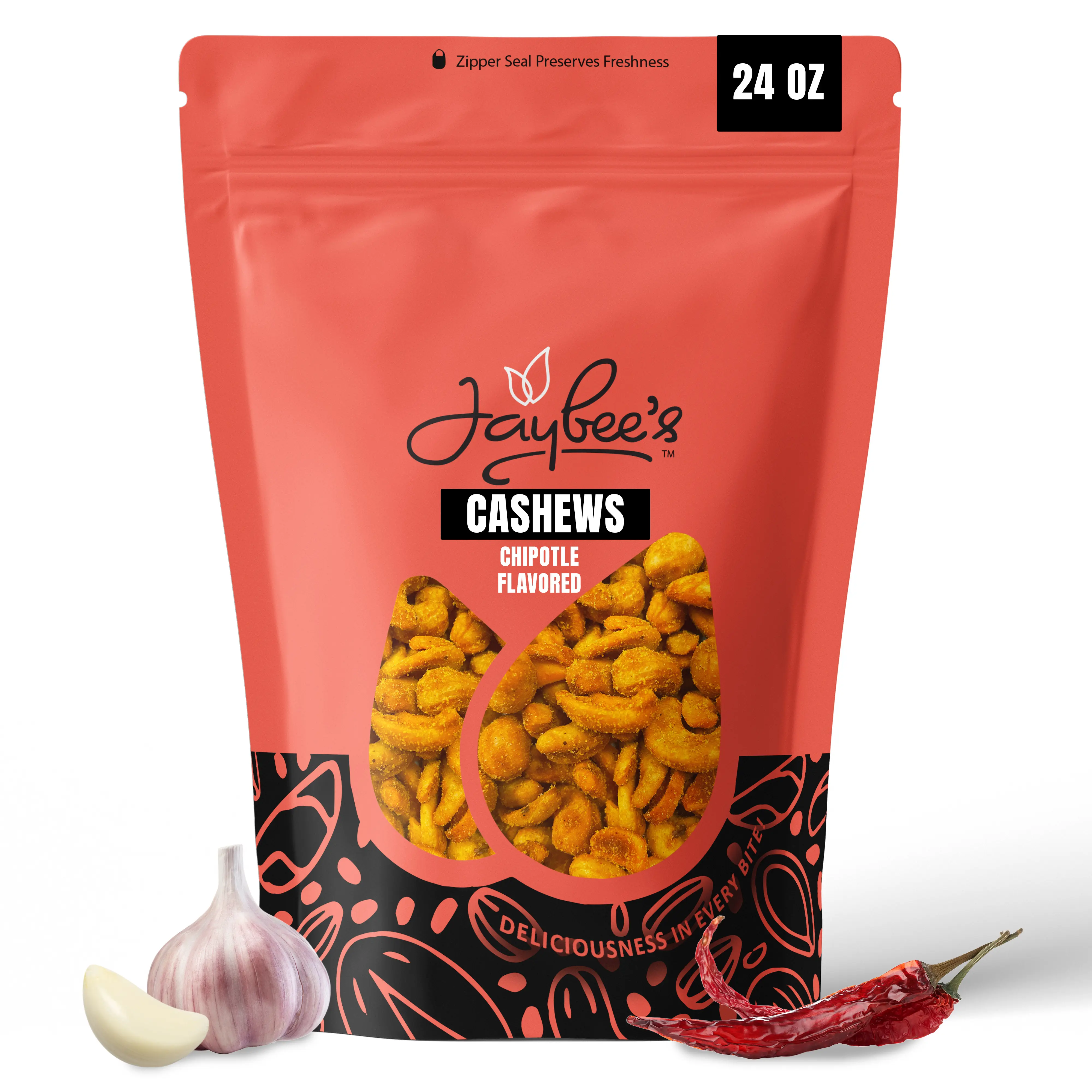 Jaybee’s Chipotle Cashews 24 OZ | Bold, Smoky & Spicy Crunch Snack in a Resealable Bag