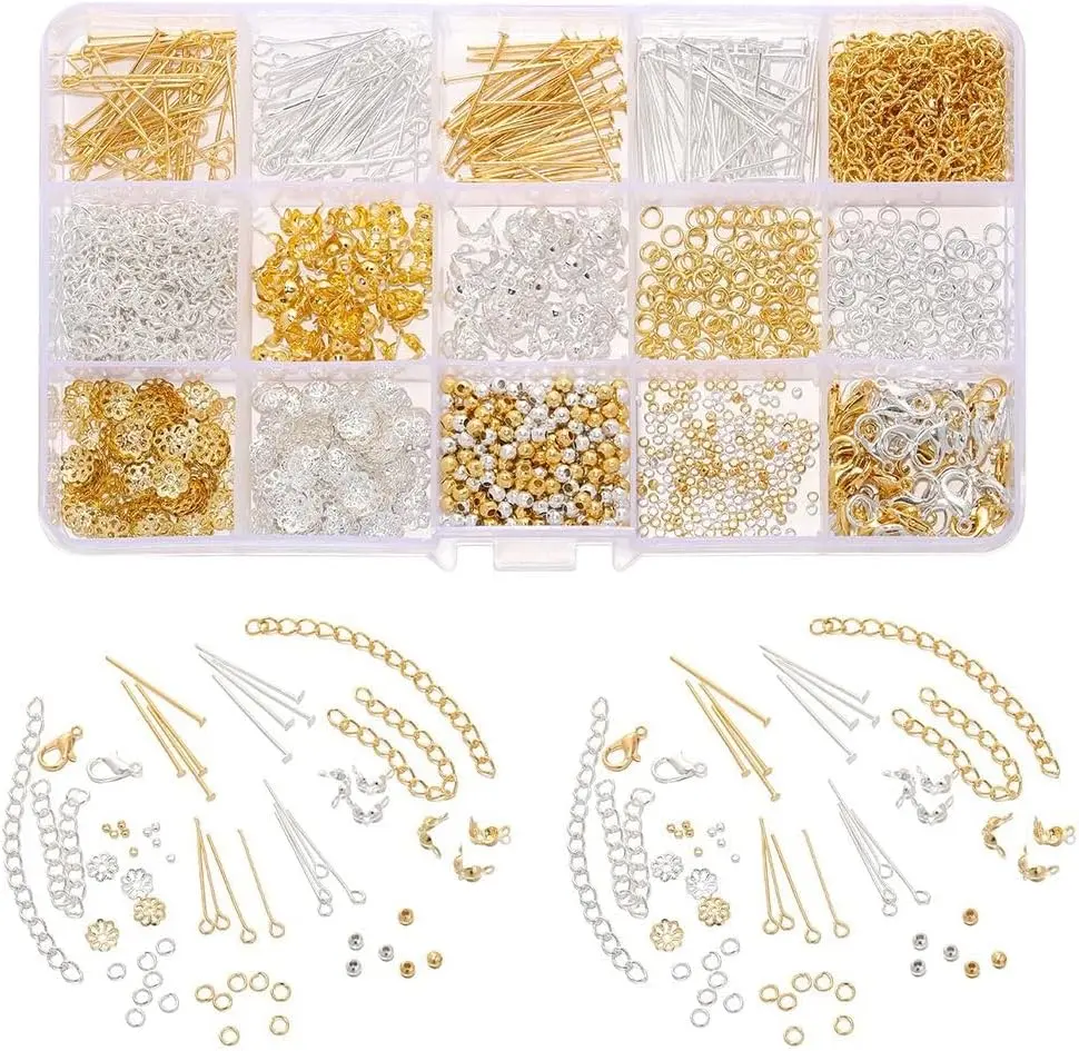 15-Grid Jewelry DIY Kit, Alloy Metal Bead Work Jewellery-Making Supplies for Beginners, Includes Lobster Clasps, Single Jump Rings, Flower Bead Caps, Extension Chains for Earrings, Bracelets, Necklaces with DIY Bling