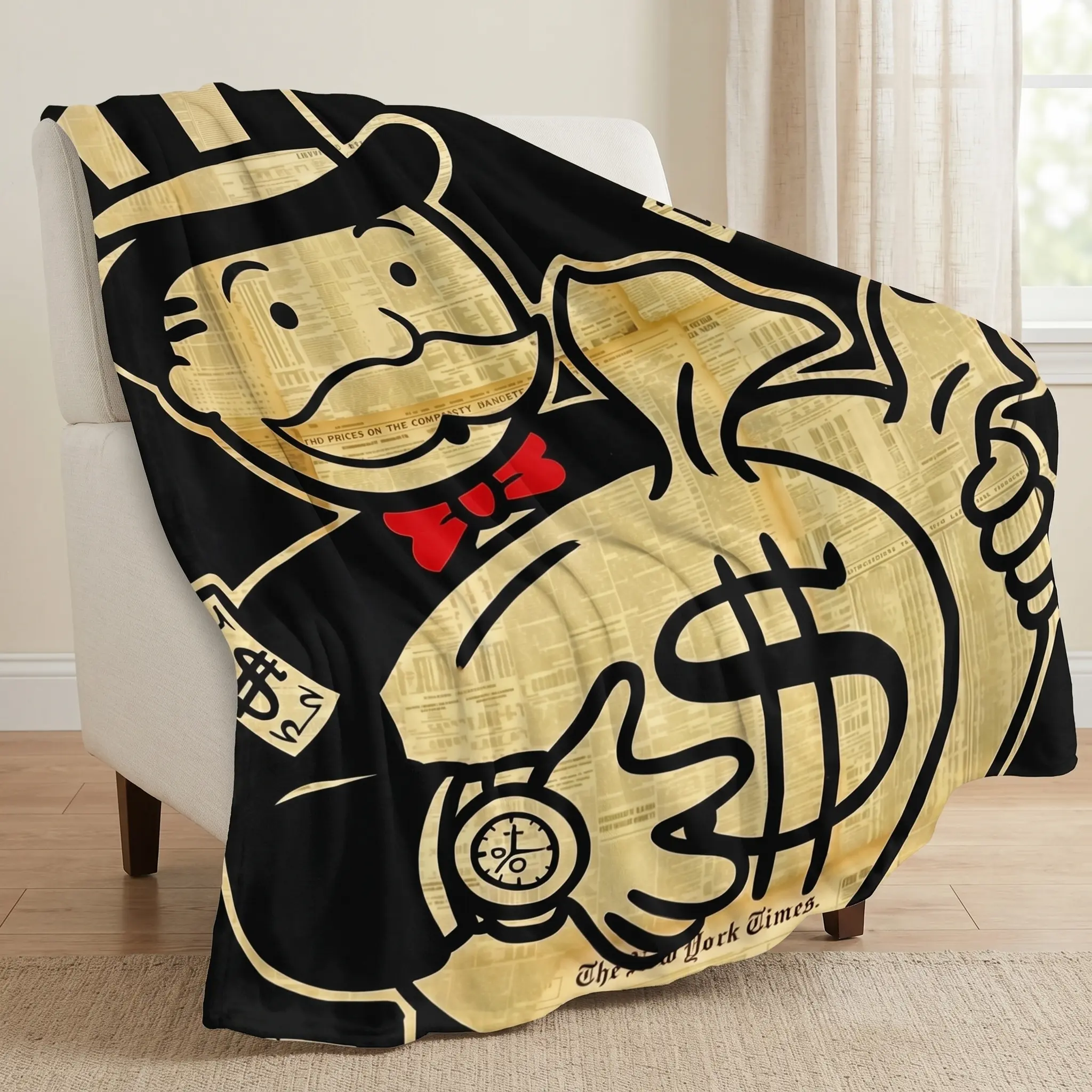 Monopoly Rich Uncle Flannel Fabric Blanket - Modern, Multi-Size, Soft Texture Plush Throw for Living Room Couch, Gaming Room Decor, Gift for Monopoly Fans