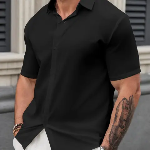 Men's Regular-Fit Solid Color Short-Sleeve Button-Front Shirt, Casual Fit Minimalist Menswear Classic Casual Collared Top for Summer Daily Wear