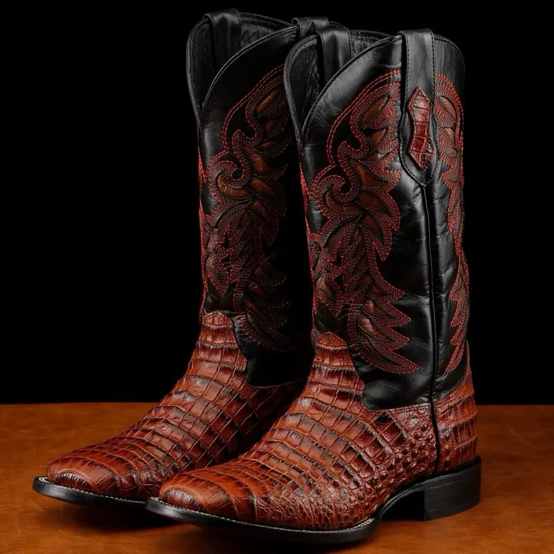 Cognac Caiman Belly Leather Boots - Square Toe