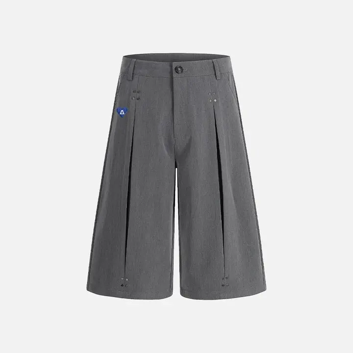 Aelfric Eden Pleated Longline Shorts High Waist 3D Pleated Silhouette Metal Rivet Detail Structured Suiting Fabric Deconstructed Streetwear Unisex Bottoms