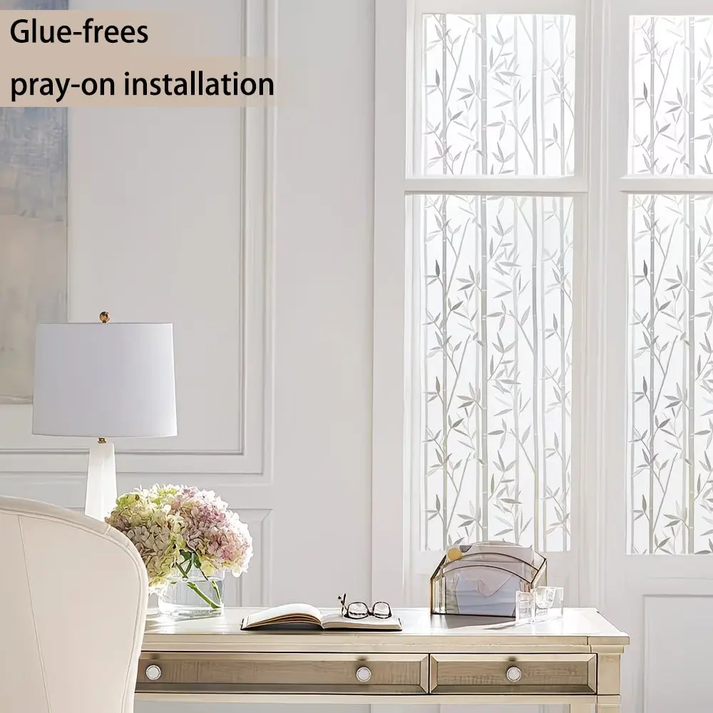 Window Privacy Film Matte Bamboo Texture Bamboo Design, No Glue Removable UV Protection Glass Sticker Decorative Window Decal Home Use, Decorative Stickers, Decoration Sticker