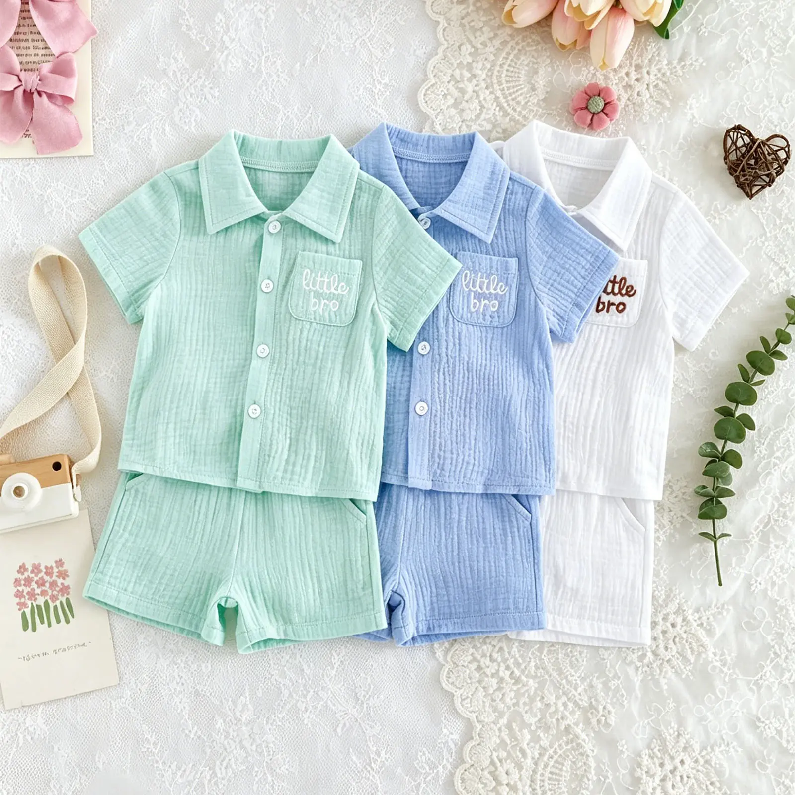 Toddler Boys' 2-Piece Summer Outfit, Cotton Blend Set with Letter Embroidery Collared Shirt & Elastic Waist Shorts, Ages 0-3Y, 0-6 Months, 2-3 Years Baby Clothing Baby Boy Clothes