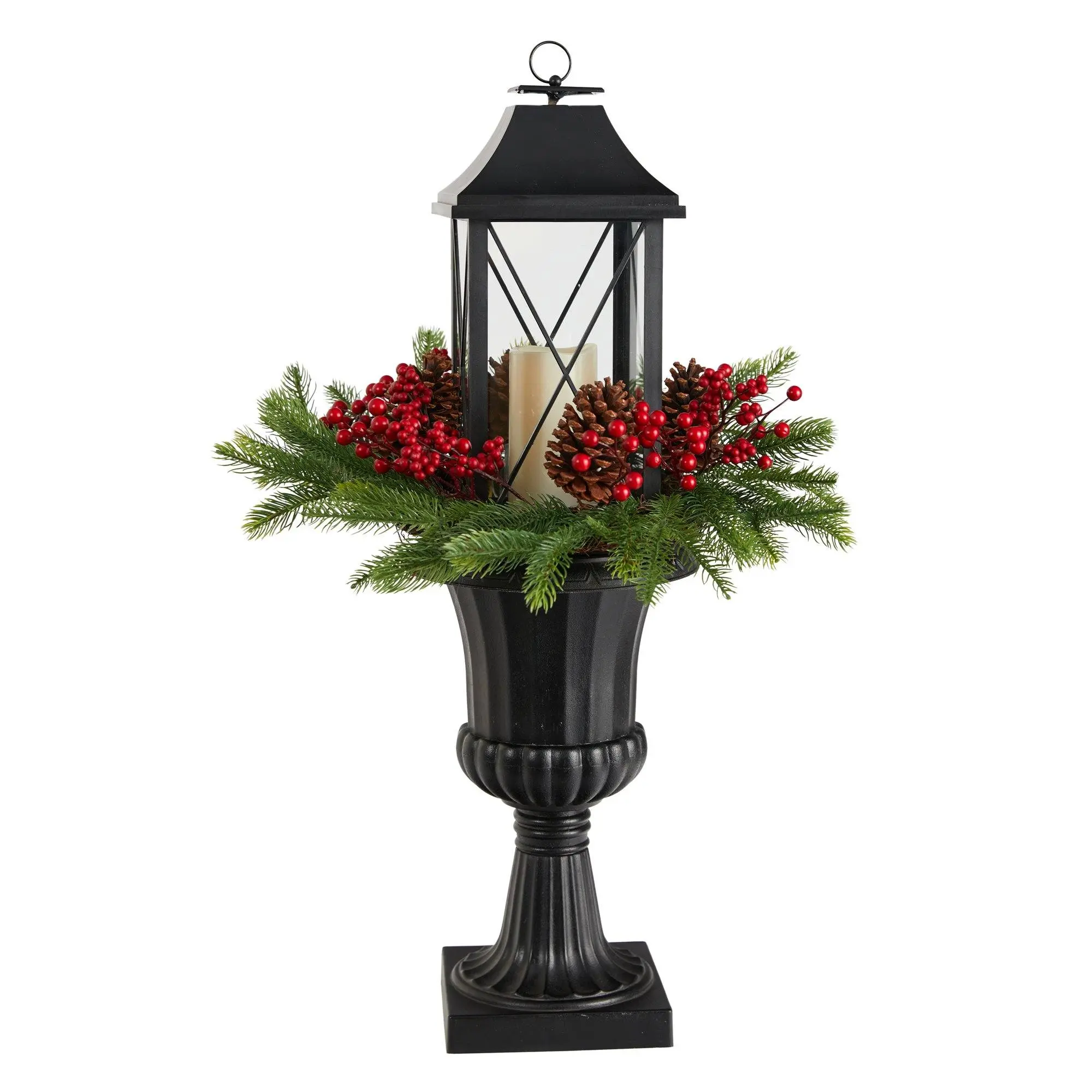 33in Urn-Shape Large Size Floor-Standing Lighted Lantern - Patio Decoration, Outdoor Decorative Light with Holiday Christmas Greenery, Berries, Pinecones for Home Supplies