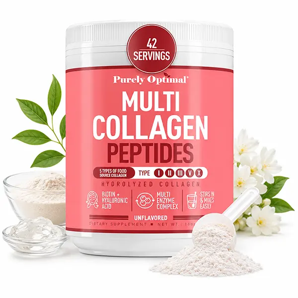 Multi Collagen Peptides Powder Type I II III V X with Biotin, Vitamin B12 & Hyaluronic Acid, Unflavored Hydrolyzed Collagen for Hair Skin Nails, Bones & Joints, 16 oz, 42 Servings