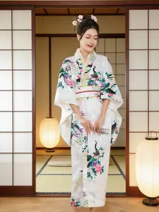 Women's Peacock Print Satin Traditional Kimono Robe with Belt, Outerwear Japanese Style Home Clothing, Bridal Morning Gown for Vacation & Photography, Womenswear