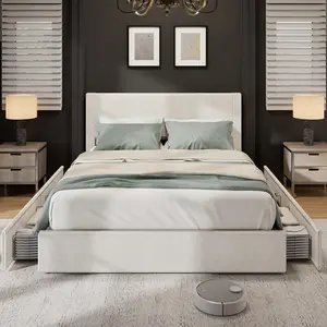 Full Size Corduroy Upholstered Bed Frame with 4 Storage Drawers, Upholstered Channel Tufted Wingback Headboard, Strong Wooden Slats Support, No Box Spring Needed, Beige Platform Bed
