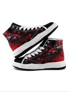 Women's Fashionable Halloween Themed Skull Pattern Lace Up Canvas Sneakers, Casual Comfortable Mid Top Sports Shoes, Female All-match Round Toe Shoes for Daily Wear