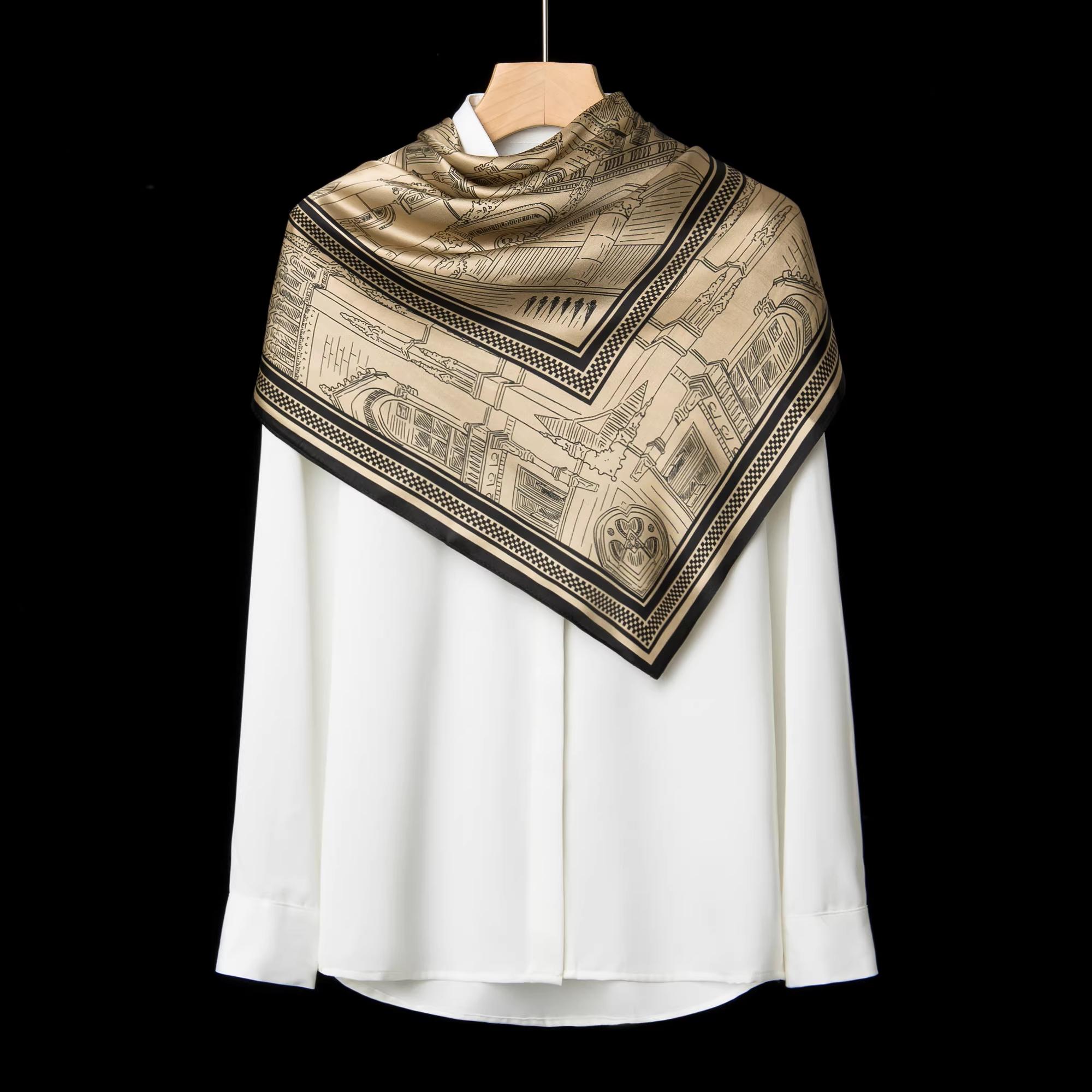 Retro Black & Gold Mulberry Silk Crepe Satin Headscarf with Geometric Print, Sun Protection, Multi-Purpose Women’s Scarf  long night scarf