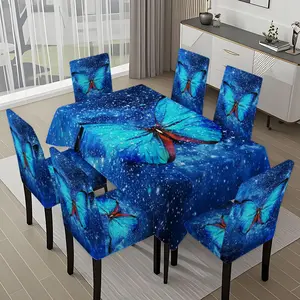 5/7-piece 2D Flat Printing Blue Butterfly Starry Sky Picture Printing Pattern Tablecloth and Chair Covers Set, Dining Chair Slipcover, for dining table and chair decoration, perfect for home, holiday gatherings, restaurants, and parties.