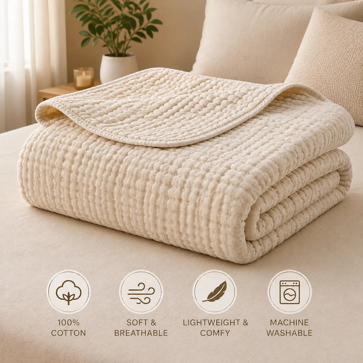 100% Cotton Blanket Textured Waffle Crinkle Throw Blanket Lightweight Breathable Washable Soft Bed Quilt For Bedroom Couch All Season Home Decor