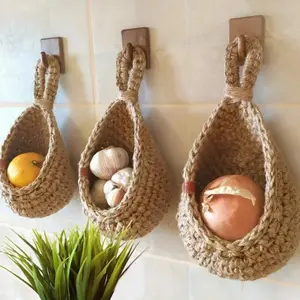 1pc Vegetable Fruit Basket Organizer Hand-Woven Wall Mounted Teardrop Mesh Pocket Plants Flowers Kitchen Garden Decoration Hanging Baskets