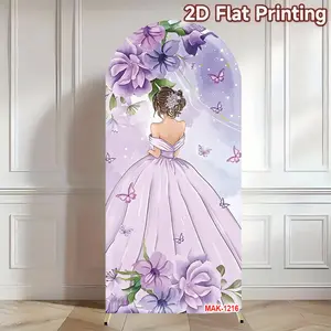 Mis Quince Girl 15th Birthday Arch Backdrop Cover Purple Butterfly Floral Flowers Princess Dress Party Decor 2-Sided Elastic Background Birthday Celebration