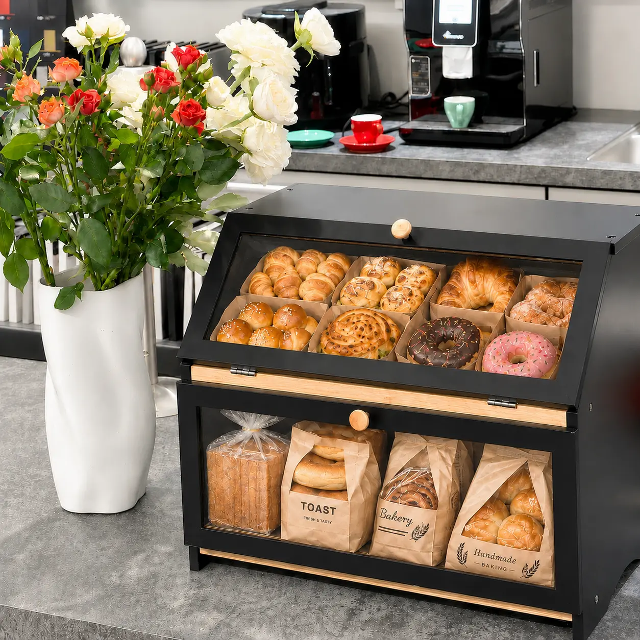HOMEKOKO Double Layer Large Capacity Bread Box for Kitchen Counter, Wooden Black Bread Storage Bin for Kitchen Countertop, Kitchen Organiser, Pantry Storage Containers Utensils