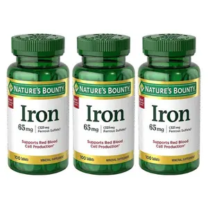 Nature's Bounty Iron 65 mg, 3 Bottles (100 Count) Supports Red Blood Cell Production, Ferrous Sulfate Tablets Healthcare Vitamin