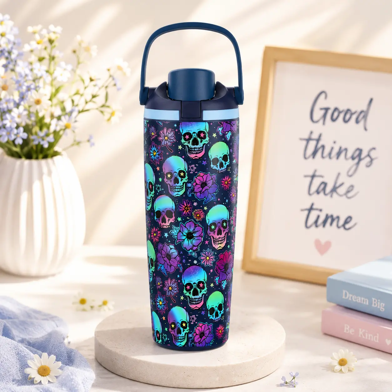 Owala Skull Fire Edition 32oz FreeSip Insulated Water Bottle, Colorful Skull and Flower Print Tumbler with Carry Handle