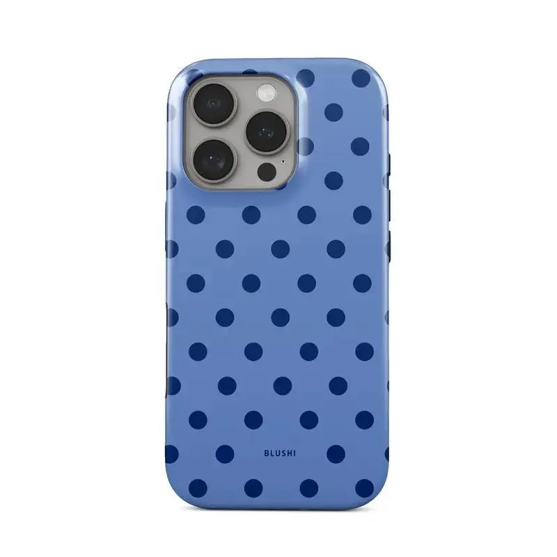 Blue Polka Dot Custom Dual-Layer Shockproof Smartphone Case - Polycarbonate & TPU Rubber Cover with Resistance, Shock Absorbent, Impact Resistant, Gloss Finish for Multi-Model iPhone 11-17 Pro Max Plus, Stylish Durable Mobile Accessory Gift
