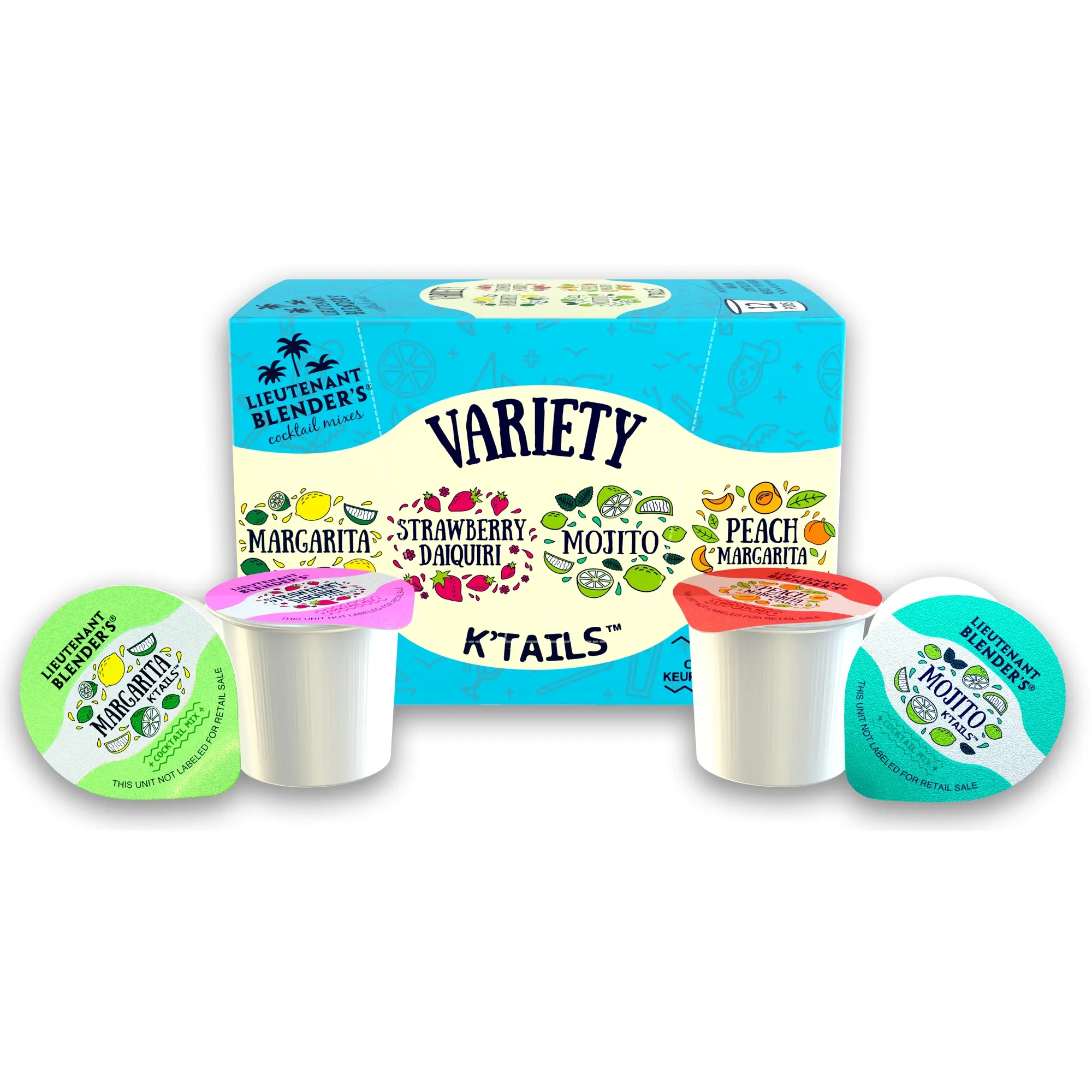 Lt. Blender's Variety Pack K'Tails Single Pod Cocktail Mixers 12 Ct Margarita, Peach Margarita, Strawberry Daiquiri, and Mojito Cocktail Mixers - 12 Single Pod Cocktail or Mocktail Drink Mixers - K-Cup Compatible or Mix by Hand Gluten Free - 12ct Pack