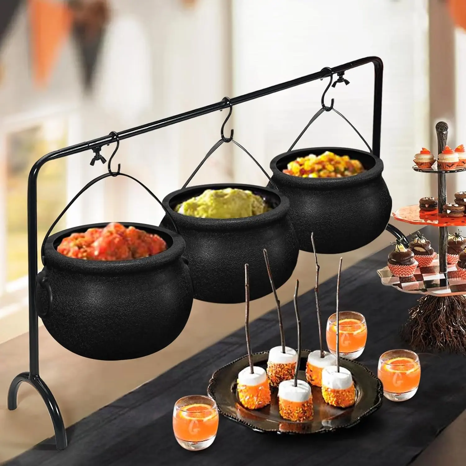 Spooky Shiny Lightweight Halloween Decor 3-Black Plastic Witch Cauldron Serving Bowls on Rack - Home Supplies Storage Organizer for Candy Display, Parties, Birthday Events