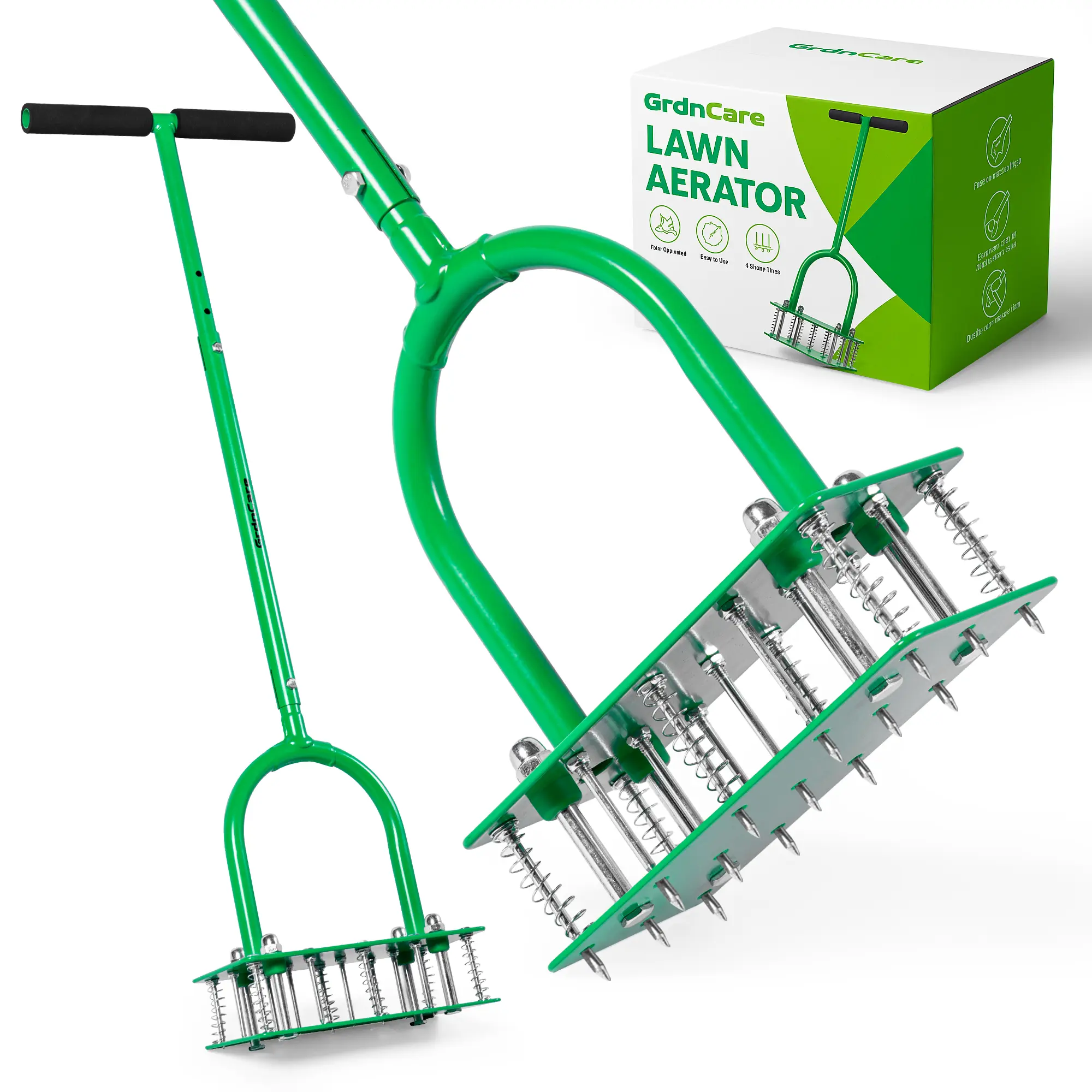 GrdnCare Aerator Lawn Tool With 15 Iron Spikes, 6-Spring Self-Cleaning Heavy-Duty Lawn Aerator Tool - Automatic Reset & Dirt / Leaf Clean System For Soil Loosening & Dethatching In Yard, Patio & Garden